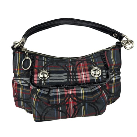 Coach Poppy 2-Way Canvas Shoulder Bag Multi-Color Black Red 12" x 7" x 3" - Picture 1 of 9